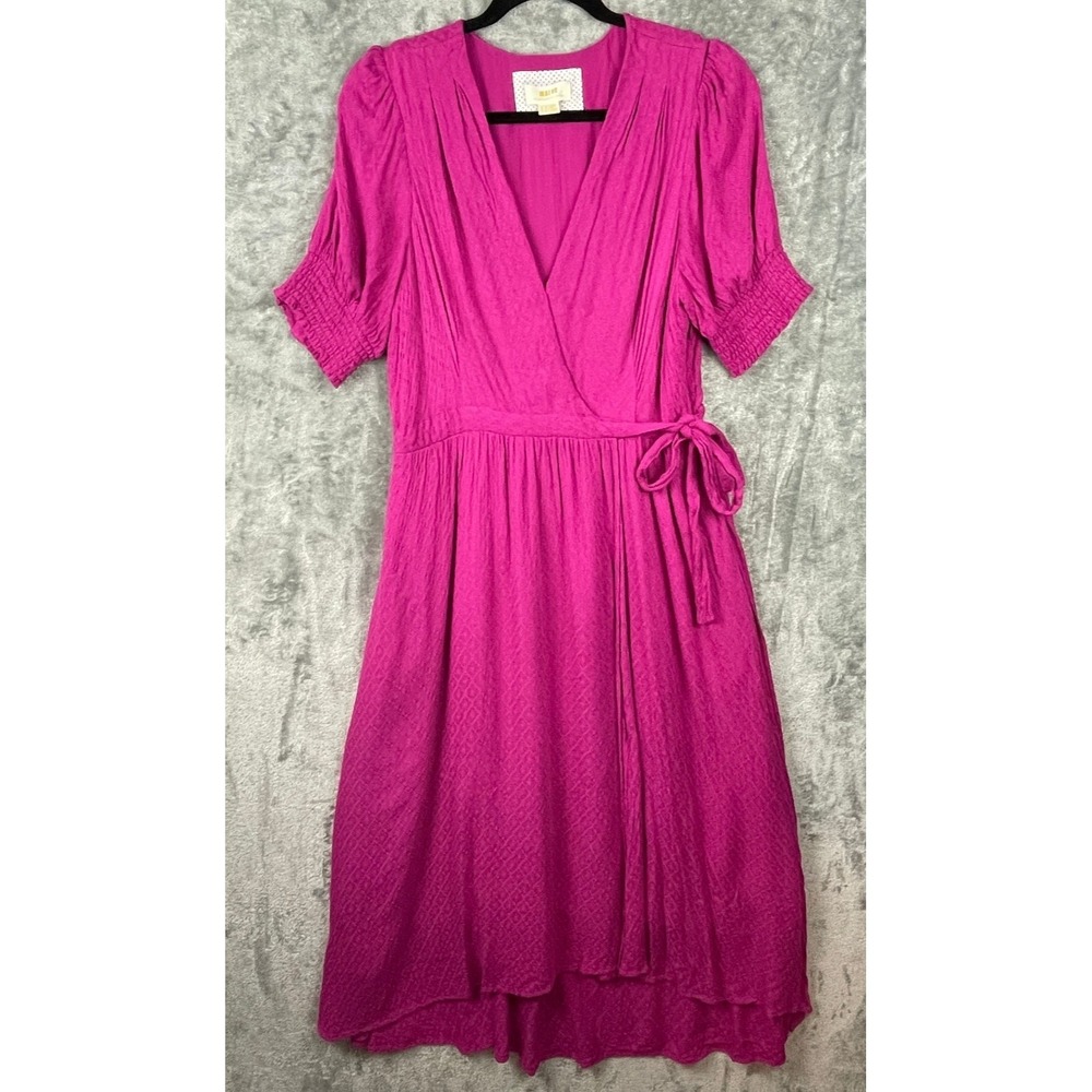 Anthropologie Maeve‎ Breanna Faux Wrap Midi Dress Size 14 Fuschia Pink Wedding